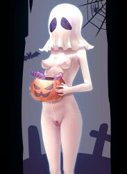 Rule 34 | 1girl, breasts, bucket, bug, cleft of venus, commentary, dildo, ghost mask, grave, halloween, halloween bucket, halloween costume, highres, holding, holding bucket, mask, nipples, nude, original, pussy, sex toy, silk, small breasts, solo, spider, spider web, standing, yamada (gotyui)