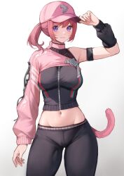 Rule 34 | 1girl, adjusting clothes, adjusting headwear, armband, asymmetrical clothes, baseball cap, black armband, black pantyhose, blush, breasts, cat girl, cat tail, closed mouth, commission, cowboy shot, facial mark, final fantasy, final fantasy xiv, groin, hand on headwear, hat, highres, large breasts, long sleeves, looking at viewer, medium hair, midriff, miqo&#039;te, navel, pants, pantyhose, pink hat, pink tail, ponytail, puffy long sleeves, puffy sleeves, purple eyes, red hair, shirt, simple background, single sleeve, skeb commission, solo, tail, tight clothes, tight shirt, torisanff14, track pants, warrior of light (ff14), whisker markings