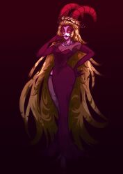 1girl absurdres blonde_hair breasts demon_girl demon_horns dress hazbin_hotel high_heels highres hinsou_(midorinoakuma) horns large_breasts lilith_(hazbin_hotel) long_hair looking_at_viewer purple_dress side_slit solo very_long_hair