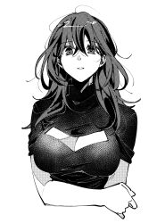 Rule 34 | 1girl, absurdres, arm across waist, black shirt, breasts, byleth (female) (fire emblem), byleth (fire emblem), cleavage, cleavage cutout, clothing cutout, fire emblem, fire emblem: three houses, greyscale, hair between eyes, highres, illust mi, large breasts, long hair, looking at viewer, monochrome, nintendo, parted lips, shirt, solo, swept bangs, upper body, white background