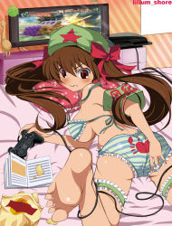 Rule 34 | 1girl, adjusting clothes, adjusting panties, alpaca, armband, ass, bad id, bad pixiv id, barefoot, bed, bed sheet, blush, book, bra, bra slip, breasts, bridal garter, brown eyes, brown hair, chips (food), clenched teeth, controller, crab, embarrassed, feet, fighting game, figure, food, foot focus, foreshortening, frilled panties, frills, game console, game controller, green dam, hair ribbon, halo, hand on own ass, hat, health bar, highres, indoors, large breasts, lilim shore, lingerie, long hair, looking at viewer, lying, monitor, on stomach, panties, personification, pillow, playstation 3, potato chips, print panties, rear-tie bra, ribbon, signature, soles, solo, sony, star (symbol), strap slip, street fighter, street fighter iv (series), striped bra, striped clothes, striped panties, teeth, toes, twintails, underwear, wardrobe malfunction, wire