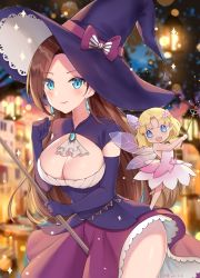 Rule 34 | 2girls, :d, blonde hair, blue eyes, breasts, brooch, brown hair, chibi, chibi inset, cleavage, cleavage cutout, clothing cutout, commentary request, dress, earrings, elbow gloves, fairy, fairy wings, female focus, gloves, hat, highres, jewelry, kagami (kgmgts), katarina claes, large breasts, long hair, maria campbell, multiple girls, open mouth, otome game no hametsu flag shika nai akuyaku reijou ni tensei shite shimatta, parted bangs, pink dress, purple gloves, purple headwear, purple skirt, short hair, skirt, smile, sparkle, very long hair, wand, wings, witch, witch hat