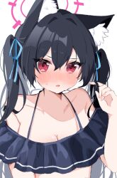 Rule 34 | 1girl, animal ear fluff, animal ears, bikini, black bikini, black hair, blue archive, blush, breasts, cat ears, cleavage, collarbone, frilled bikini, frills, hair between eyes, halo, harebare yurata, highres, long hair, long sleeves, open mouth, pink halo, red eyes, serika (blue archive), serika (swimsuit) (blue archive), simple background, small breasts, solo, swimsuit, twintails, upper body, white background