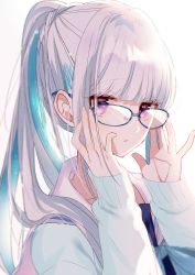 Rule 34 | 1girl, alternate hairstyle, bad id, bad twitter id, blue-framed eyewear, blue hair, blunt bangs, glasses, highres, lize helesta, lize helesta (4th costume), long hair, looking at viewer, misumi (macaroni), multicolored hair, nijisanji, parted lips, ponytail, purple eyes, silver hair, simple background, sleeves past wrists, solo, streaked hair, sweater, two-tone hair, upper body, virtual youtuber, white background, white sweater