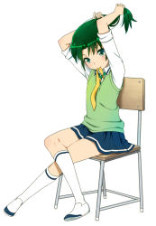 Rule 34 | 10s, 1girl, adjusting hair, arms up, bad id, bad pixiv id, chair, crossed legs, full body, green eyes, green hair, green sweater vest, kneehighs, matching hair/eyes, mattaku mousuke, midorikawa nao, mouth hold, precure, ribbon, school uniform, shoes, simple background, sitting, sleeves rolled up, smile precure!, socks, solo, sweater vest, uwabaki, vest, white background, yellow ribbon