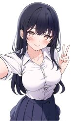 Rule 34 | 1girl, black hair, black skirt, blush, boku no kokoro no yabai yatsu, brown eyes, check copyright, closed mouth, collarbone, commentary, copyright request, english commentary, hand up, highres, hitsukuya, long hair, pleated skirt, reaching, reaching towards viewer, school uniform, short sleeves, simple background, skirt, smile, solo, v, very long hair, white background, yamada anna