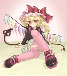 Rule 34 | 1girl, alternate costume, blonde hair, bow, bow panties, contemporary, eyebrows, flandre scarlet, frilled skirt, frills, green skirt, hat, hat bow, hat ribbon, heart, highres, hood, hoodie, laevatein, long sleeves, looking at viewer, miniskirt, mob cap, panties, pantyshot, pink thighhighs, red bow, red eyes, red ribbon, ribbon, shoes, side ponytail, sitting, skirt, solo, thighhighs, touhou, underwear, usou (aomidori), white panties, yassy
