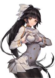 Rule 34 | 1girl, absurdres, aiguillette, arched back, artist name, azur lane, black hair, black pantyhose, bow, breasts, closed mouth, contrapposto, cowboy shot, epaulettes, from side, gloves, hair bow, hair flaps, half gloves, han-0v0, heart, heart-shaped boob challenge, heart-shaped pupils, highres, large breasts, long hair, long sleeves, looking at viewer, military, military uniform, miniskirt, pantyhose, ponytail, simple background, skirt, smile, solo, standing, symbol-shaped pupils, takao (azur lane), tareme, uniform, very long hair, white background, white bow, white gloves, white skirt, yellow eyes