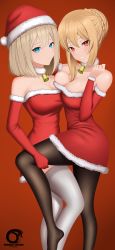 Rule 34 | 2girls, absurdres, angelica rapha redgrave, arm up, artist name, bare shoulders, black legwear, blonde hair, blue eyes, breasts, christmas, christmas dress, cleavage, closed mouth, collarbone, dress, elbow gloves, feet out of frame, gloves, hair ornament, hand on own shoulder, hat, highres, hugging own legs, looking at viewer, medium breasts, medium hair, mouth hold, multiple girls, olivia (mobseka), open mouth, otome game sekai wa mob ni kibishii sekai desu, pantyhose, parted lips, red background, red dress, red eyes, red gloves, santa dress, santa gloves, santa hat, smile, standing, teeth hold, thighhighs, uroboros doragon, white legwear