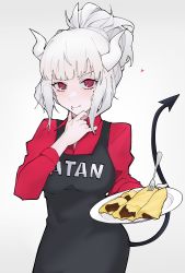 Rule 34 | 1girl, absurdres, apron, black apron, breasts, clothes writing, commentary, demon girl, demon horns, demon tail, food, fork, helltaker, highres, holding, holding plate, horns, long hair, looking at viewer, lucifer (helltaker), mole, mole under eye, nyokki763, pancake, plate, red eyes, red shirt, shirt, simple background, smile, solo, tail, white background, white hair, white horns