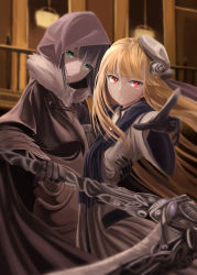 Rule 34 | &gt;:d, 2girls, :d, :o, absurdres, arm around waist, arm guards, armor, ass, beret, black gloves, blonde hair, blunt bangs, blurry, blurry background, bonnet, cloak, depth of field, dress, expressionless, fate (series), female focus, foreshortening, fur collar, gloves, gray (fate), green eyes, grey hair, grin, hat, head tilt, highres, holding, holding weapon, hood, hood up, hooded cloak, hug, huge ass, jitome, long hair, long sleeves, looking at viewer, lord el-melloi ii case files, mini hat, mukade (siieregannsu), multiple girls, open mouth, outstretched arm, pale skin, parted lips, pointing, pointing at viewer, railing, red eyes, reines el-melloi archisorte, scarf, scythe, short sleeves, smile, tsurime, v-shaped eyebrows, very long hair, weapon, white dress, white hat