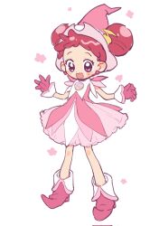 Rule 34 | 1girl, :d, asa yuki523, blush, boots, commentary request, corrupted twitter file, double bun, dress, earrings, fortissimo, full body, gloves, hair bun, hair ornament, harukaze doremi, hat, highres, jewelry, magical girl, musical note, musical note hair ornament, ojamajo doremi, open mouth, pink dress, pink eyes, pink footwear, pink gloves, pink hair, pink hat, pointy footwear, short bangs, short hair, simple background, smile, solo, standing, white background, witch hat