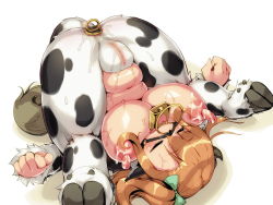 Rule 34 | 1girl, animal ears, animal print, bell, bow, breasts, butt plug, censored, character request, closed eyes, commentary request, copyright request, cow print, cowbell, fat rolls, hair bow, hair spread out, hansharu (foxbut), heart, highres, hooves, huge breasts, light brown hair, long nipples, lying, mosaic censoring, neck bell, nose piercing, nose ring, on back, open mouth, piercing, plump, pussy, sex toy, shadow, simple background, solo, tail, thick thighs, thighs, white background