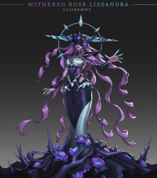 Rule 34 | 1girl, alternate costume, black dress, blue flower, breasts, clairemwc, closed mouth, colored skin, detached sleeves, dress, flower, gradient background, grey background, grey dress, grey skin, highres, horns, large breasts, league of legends, lissandra (league of legends), long hair, pink hair, purple lips, solo, thorns