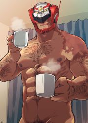 Rule 34 | 1boy, abs, arm hair, bara, chest hair, coffee, cup, facing viewer, helmet, highres, indoors, large pectorals, live a hero, looking at viewer, male focus, male pubic hair, mature male, mug, muscular, muscular male, navel, nipples, pectorals, pubic hair, sawch cls, scar, scar on face, smile, solo, upper body, victom (live a hero)