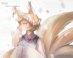 Rule 34 | 1girl, animal hat, artist name, blonde hair, dress, fox tail, gin fragrans, hands in opposite sleeves, hat, highres, looking to the side, short hair, tabard, tail, touhou, white dress, wide sleeves, yakumo ran, yellow eyes