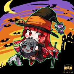 Rule 34 | 3girls, bat (animal), black dress, black sky, blush stickers, castle, chibi, colored skin, crescent moon, disembodied head, dress, grey hair, grey skin, halloween, halloween costume, hat, highres, holding another&#039;s head, hololive, hololive indonesia, indie virtual youtuber, kureiji ollie, looking at viewer, moon, multiple girls, night, night sky, olivia (kureiji ollie), orange sky, planted, planted sword, planted weapon, pumpkin, purple sky, red eyes, red hair, sky, stitches, sui hi sf, sword, twitter username, udin (kureiji ollie), underground, virtual youtuber, weapon, witch, witch hat, yellow sky, zombie, zonbko