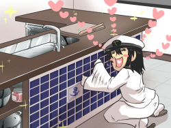 Rule 34 | 10s, admiral (kancolle), anchor symbol, black hair, blush stickers, cheek press, commentary request, counter, cutting board, goma (gomasamune), hair between eyes, hat, heart, heart in mouth, kantai collection, kitchen, kneeling, male focus, military, military hat, military uniform, mixing bowl, hugging object, peaked cap, pot, rolling pin, sandals, sink, sketch, sparkle, tiles, uniform