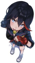 Rule 34 | 1girl, absurdres, black hair, black shirt, black skirt, blue eyes, breasts, candy, commentary request, fingerless gloves, food, from above, full body, gloves, hair between eyes, highres, holding, holding candy, holding food, holding lollipop, kenosousaku, kill la kill, life fiber, lollipop, looking at viewer, looking up, matoi ryuuko, medium breasts, multicolored hair, perspective, red gloves, red hair, school uniform, senketsu, shirt, short hair, skirt, solo, streaked hair, tongue, tongue out, twitter username, two-tone hair, white background, white footwear