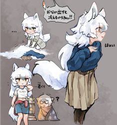 Rule 34 | ..., 2girls, alternate costume, animal ears, arctic wolf (kemono friends), beige skirt, black legwear, blanket, blue shorts, blue sweater, casual, clothes around waist, commentary request, elbow gloves, glasses, gloves, grey hair, grey jacket, heater, highres, jacket, jacket around waist, kemono friends, long hair, long sleeves, meerkat (kemono friends), meerkat ears, multiple girls, pantyhose, pleated skirt, shirt, short hair, short sleeves, shorts, skirt, snow, speech bubble, sweater, t-shirt, tail, toki reatle, track jacket, translation request, white gloves, white hair, white legwear, white shirt, wolf ears, wolf girl, wolf tail