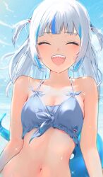 Rule 34 | 1girl, alternate breast size, bikini, bikini top only, blue hair, blunt bangs, breasts, closed eyes, cohi27151463, fins, fish tail, front-tie bikini top, front-tie top, gawr gura, grey hair, hair ornament, highres, hololive, hololive english, medium hair, midriff, multicolored hair, navel, open mouth, shark girl, shark hair ornament, shark tail, sharp teeth, side ponytail, sidelocks, small breasts, smile, solo, streaked hair, swimsuit, tail, teeth, twintails, two side up, upper teeth only, virtual youtuber
