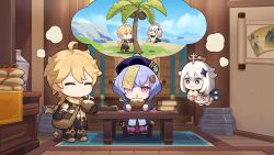 Rule 34 | 1boy, 2girls, aether (genshin impact), blonde hair, blue eyes, book, book stack, braid, chibi, chinese clothes, coconut, coconut tree, coin hair ornament, drinking straw, drinking straw in mouth, full body, genshin impact, hair ornament, halo, hat, highres, light purple hair, long hair, mechanical halo, multiple girls, official art, paimon (genshin impact), palm tree, pink hair, qingdai guanmao, qiqi (genshin impact), short hair, single braid, tree, vision (genshin impact), white hair, yellow eyes