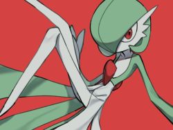 Rule 34 | 1girl, 4shiki, bob cut, collarbone, colored skin, creatures (company), female focus, flat chest, game freak, gardevoir, gen 3 pokemon, green hair, green skin, hair over one eye, hand up, knee up, knees together feet apart, leaning back, leg up, legs, looking to the side, multicolored skin, nintendo, one eye covered, pokemon, pokemon (creature), red background, red eyes, short hair, simple background, sitting, solo, two-tone skin, white skin