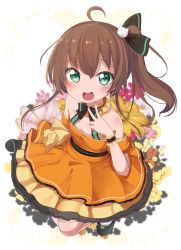 Rule 34 | 1girl, absurdres, ahoge, bare shoulders, black footwear, black ribbon, blush, brown hair, circle skirt, collarbone, commentary request, dress, flat chest, floral background, from above, full body, green eyes, hair ornament, hair ribbon, halterneck, highres, holding, holding microphone, hololive, looking at viewer, medium hair, microphone, natsuiro matsuri, natsuiro matsuri (1st costume), okota mikan, open mouth, orange dress, ribbon, round teeth, side ponytail, smile, solo, teeth, v, virtual youtuber