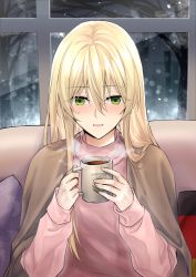 Rule 34 | 1girl, blonde hair, blush, couch, cup, german flag, girls&#039; frontline, green eyes, griffin &amp; kryuger, grifon &amp; kryuger, hair between eyes, highres, holding, holding cup, hot chocolate, long hair, looking at viewer, looking down, open mouth, pink shirt, plaid, shirt, sitting, solo, stg44 (girls&#039; frontline), suprii, turtleneck, upper body, window, winter