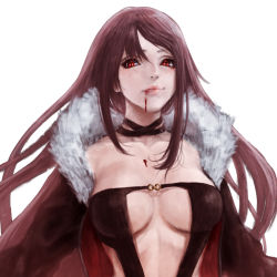 Rule 34 | 1girl, blood, blood on face, breasts, brown hair, cleavage, yu mei-ren (fate), fate/grand order, fate (series), fur trim, long hair, looking at viewer, mao san, red eyes, revealing clothes, simple background, slit pupils, solo, tongue, tongue out, white background