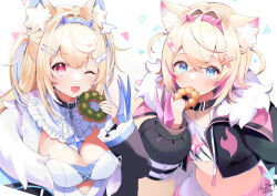 Rule 34 | 2girls, ahoge, animal ears, artist request, bandaid, bandaid hair ornament, blonde hair, blue eyes, blush, bread, breasts, closed eyes, collar, curly hair, doughnut, eating, fangs, food, fuwawa abyssgard, hair ornament, highres, hololive, hololive english, jacket, large breasts, long hair, mococo abyssgard, multiple girls, nails, navel, one eye closed, open mouth, pink eyes, short hair, small breasts, smile, virtual youtuber, white background, x hair ornament