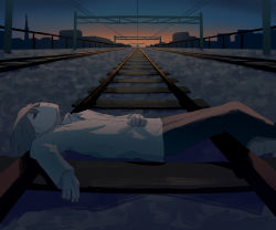 Rule 34 | 1boy, absurdres, avogado6, black pants, blue sky, commentary request, from side, grey hair, highres, imminent death, imminent suicide, long sleeves, lying, male focus, night, night sky, on back, original, outdoors, pants, parted lips, peril, railroad tracks, shirt, shoes, sky, solo, suicide, sunset, train, white shirt