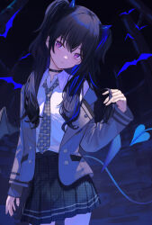 Rule 34 | 1girl, arm at side, black choker, black hair, black skirt, blue hair, choker, closed mouth, collared shirt, commentary, cowboy shot, demon girl, demon horns, demon tail, demon wings, expressionless, grey jacket, hand up, highres, horns, ichinose uruha, jacket, long hair, looking at viewer, miniskirt, multicolored hair, necktie, open clothes, open jacket, pleated skirt, purple eyes, shirt, skirt, solo, standing, streaked hair, tail, twintails, virtual youtuber, vspo!, white shirt, wings, xyunx