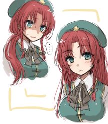 Rule 34 | ..., 1girl, alternate hairstyle, asa (coco), beret, blue eyes, blush, braid, breasts, chinese clothes, empty eyes, hair ribbon, hat, hong meiling, long hair, looking at viewer, multiple views, neck ribbon, open mouth, ponytail, red hair, ribbon, sketch, spoken ellipsis, star (symbol), sweatdrop, touhou, twin braids, upper body, wavy mouth