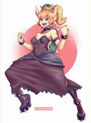 Rule 34 | anklet, blonde hair, blue eyes, boots, borrowed character, bowsette, bracelet, breasts, choker, clenched hands, collar, commentary, crown, dress, earrings, high heel boots, high heels, horns, jewelry, mario (series), new super mario bros. u deluxe, nintendo, open mouth, ponytail, smile, studded anklet, studded bracelet, studded collar, super crown, supersatanson, thick eyebrows, turtle shell