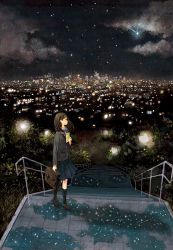 Rule 34 | 1girl, bag, black socks, blazer, blue skirt, bow, bowtie, brown hair, bush, city lights, cityscape, cloud, commentary request, from side, holding, holding bag, jacket, kneehighs, loafers, long hair, long sleeves, looking away, night, night sky, official art, original, outdoors, pleated skirt, profile, railing, school bag, school uniform, shoes, shooting star, skirt, sky, socks, solo, stairs, standing, star (sky), starry sky, yuuko (nora0x0)