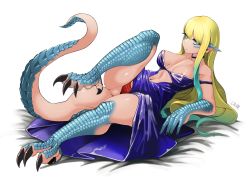 Rule 34 | 1girl, blue eyes, breasts, claws, commission, commissioner upload, dragon, dragon girl, dragon tail, dress, highres, hitokuirou, indie virtual youtuber, large breasts, long hair, looking at viewer, non-web source, open mouth, personification, pointy ears, solo, tail, virtual youtuber, white background, zeta (vtuber)
