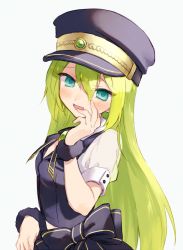 Rule 34 | 1girl, alina gray, aqua eyes, black bow, black hat, black necktie, black vest, blunt ends, blush, bow, brooch, collar, cross tie, detached collar, fur cuffs, gem, green gemstone, green hair, hair between eyes, hat, highres, jewelry, lapels, long hair, magia record: mahou shoujo madoka magica gaiden, magical girl, mahou shoujo madoka magica, multicolored hair, necktie, notched lapels, open mouth, peaked cap, puffy short sleeves, puffy sleeves, see-through, see-through sleeves, short sleeves, sidelocks, simple background, sleeve cuffs, smile, solo, soto, straight hair, streaked hair, v-neck, very long hair, vest, waist bow, white collar, white sleeves
