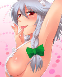 Rule 34 | 1girl, :p, apron, arm up, armpits, bad id, bad pixiv id, blush, bow, braid, breasts, embodiment of scarlet devil, female focus, from side, gradient background, grey hair, hair between eyes, hair bow, hayashi custom, izayoi sakuya, large breasts, licking, licking finger, looking at viewer, maid headdress, naked apron, red eyes, sideboob, solo, tongue, tongue out, touhou, twin braids, upper body