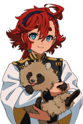 Rule 34 | 1girl, animal, blue eyes, closed mouth, commentary, gundam, gundam suisei no majo, hair between eyes, hairband, holding, holding animal, jacket, long sleeves, looking at viewer, red hair, simple background, smile, solo, suletta mercury, symbol-only commentary, tanuki, thick eyebrows, upper body, white background, white jacket, yoko.u