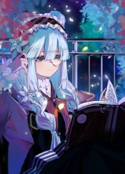 Rule 34 | 1girl, animal ears, aqua hair, arknights, bear ears, bear girl, black hairband, black shirt, blue eyes, book, bow, bowtie, brown jacket, flower, frilled hairband, frills, hair flower, hair ornament, hairband, highres, holding, holding book, istina (arknights), istina (bibliosmia) (arknights), jacket, linqin014, long hair, low twintails, monocle, night, official alternate costume, open book, open clothes, open jacket, railing, reading, red bow, red bowtie, semi-rimless eyewear, shirt, solo, tree, twintails, under-rim eyewear, upper body, white flower