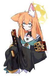 Rule 34 | 1girl, animal ear fluff, animal ears, armband, blood, blood on clothes, blood on face, blue archive, blue eyes, cocking gun, constricted pupils, dr yamero, fox ears, gun, habit, halo, handgun, highres, holding, holding gun, holding weapon, looking at viewer, mari (blue archive), medium hair, neckerchief, nun, orange hair, sleeves past fingers, sleeves past wrists, solo, weapon, white background