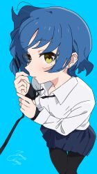 Rule 34 | absurdres, black pantyhose, black ribbon, blue background, blue hair, bocchi the rock!, collared shirt, earrings, floating hair, foreshortening, from above, from side, hair ornament, hair over one eye, hairclip, highres, jewelry, light blush, long sleeves, looking at viewer, mole, mole under eye, pantyhose, parted lips, ribbon, shirt, short hair, signature, white shirt, yamada ryo, zetsuyo chimayo