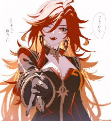 1girl absurdres black_bikesuit black_gloves black_jacket breasts commentary_request cropped_jacket genshin_impact gloves hair_between_eyes highres if0208 jacket large_breasts long_hair looking_at_another mavuika_(genshin_impact) one_eye_closed open_mouth orange_eyes orange_hair outstretched_arm simple_background solo translation_request upper_body very_long_hair white_background zipper