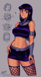 Rule 34 | 2boys, 3girls, artist name, bare shoulders, blackfire, bracer, breasts, bulging eyes, commentary, crop top, cropped legs, cyborg (dc), dc comics, ear piercing, english commentary, eye pop, fishnets, grey background, hand on own hip, hand on own thigh, highres, iahfy, long hair, looking at viewer, medium breasts, midriff, miniskirt, multiple boys, multiple girls, navel, o3o, parted lips, patreon username, piercing, purple eyes, purple hair, raven (dc), robin (dc), shirt, simple background, skirt, sleeveless, sleeveless shirt, smile, solo focus, star (symbol), starfire, teen titans, thighhighs, twitter username