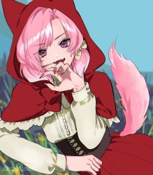 Rule 34 | 1boy, bow, capelet, claw pose, claws, corset, cosplay, fangs, hair bow, highres, hood, little red riding hood, little red riding hood (grimm), little red riding hood (grimm) (cosplay), lying, on side, original, pink eyes, pink hair, solo, tail, trap, uichiya-san, white bow, wolf tail