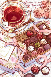 Rule 34 | . ., black tea, box, box of chocolates, candy, chocolate, commentary request, cup, floral print, flower, food, food focus, heart, leaf, long-tailed tit, no humans, original, pink flower, pink ribbon, pink rose, ribbon, rose, saucer, spoon, sweets, tea, teacup, tit (bird), user dxgt3288