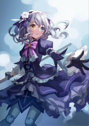 Rule 34 | 1girl, black gloves, blue eyes, bow, bowtie, cowboy shot, doll, doll joints, dress, eiyuu densetsu, feng you, flower, frilled dress, frills, gloves, gothic lolita, hair between eyes, hair bow, hair flower, hair ornament, hajimari no kiseki, heterochromia, holding, holding weapon, joints, lapis rosenberg, lolita fashion, maid headdress, medium hair, outstretched hand, parted lips, purple bow, purple bowtie, purple dress, silver hair, simple background, solo, weapon, white background, wide sleeves, yellow eyes