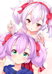 Rule 34 | 2girls, alternate hairstyle, ame., animal ears, azur lane, blush, bow, closed mouth, collarbone, commentary request, dutch angle, green eyes, hair between eyes, hair bow, hairband, hands up, highres, jacket, javelin (azur lane), laffey (azur lane), matching hairstyle, multiple girls, off shoulder, parted lips, pink jacket, purple eyes, rabbit ears, red bow, red hairband, short twintails, silver hair, simple background, smile, twintails, white background