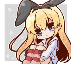 Rule 34 | 10s, 1girl, :&lt;, animal hood, blonde hair, bloom2425, blue eyes, blush stickers, hairband, hood, hoodie, kantai collection, kneehighs, long hair, long sleeves, looking at viewer, open mouth, rabbit hood, shimakaze (kancolle), socks, solo, striped clothes, striped socks, thighhighs, triangle mouth, twitter username